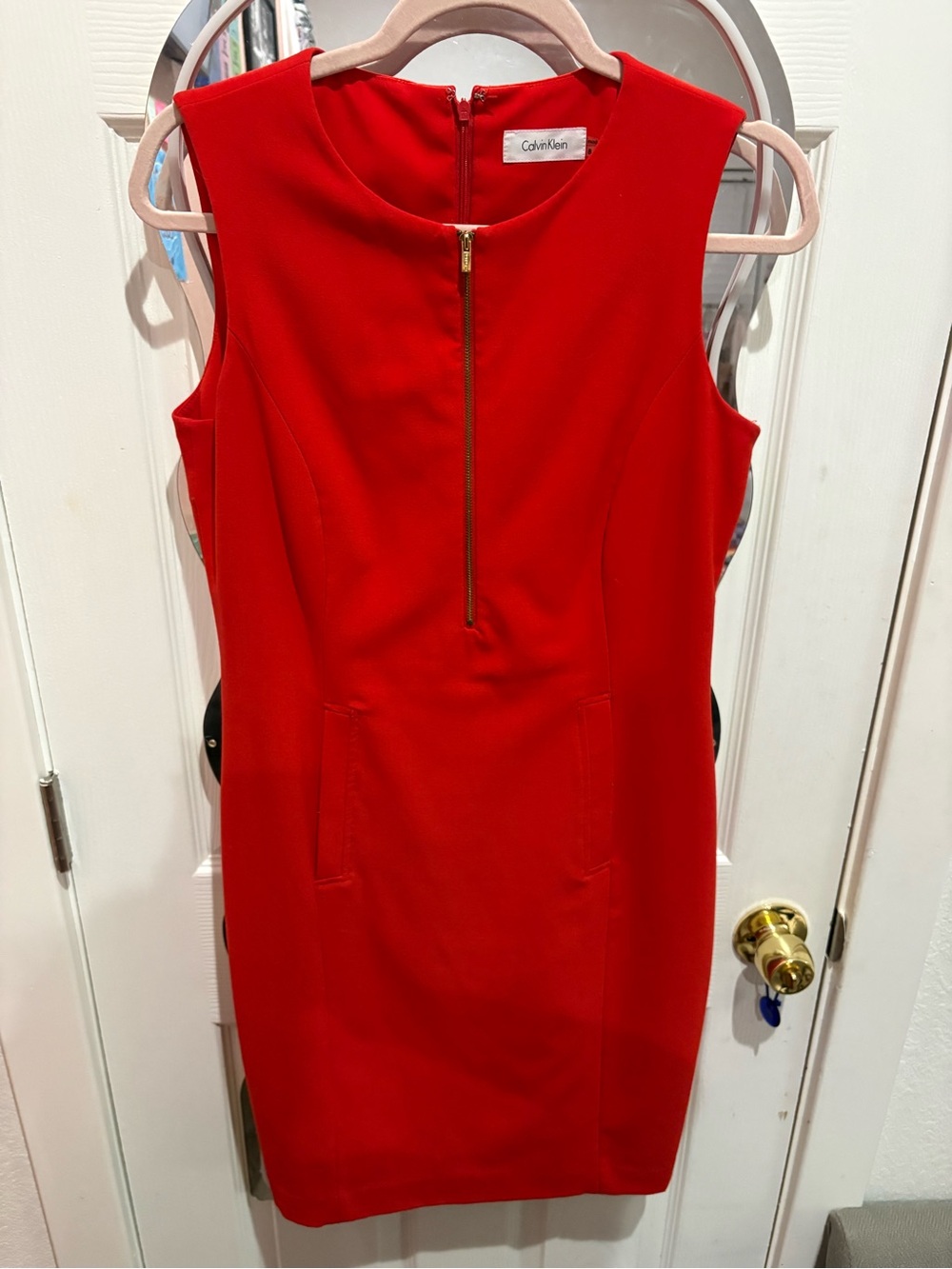 Calvin Klein Bright Red Sleeveless Mini Dress with Front Zip